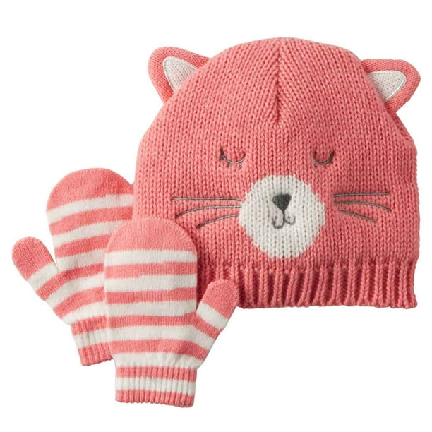 New Child's Knit Hat/Gloves Set Hot Pink BIG EYES KITTY CAT FACE Choose ONE 